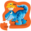Puzzle 12 pièces dinosaures avec un dinosaure bleu et un oiseau sur une illustration colorée.