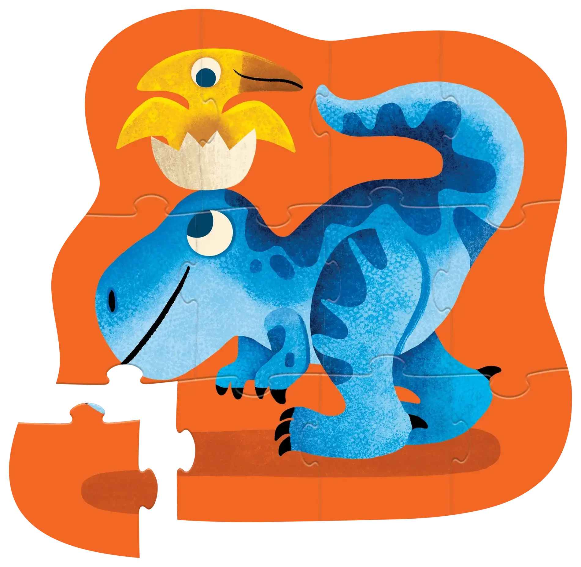 Puzzle 12 pièces dinosaures avec un dinosaure bleu et un oiseau sur une illustration colorée.