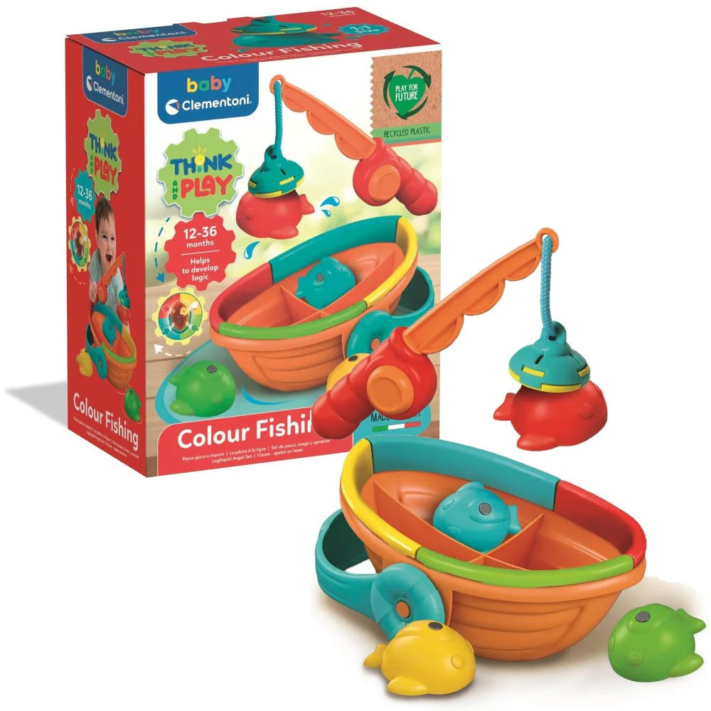 jeu de pêche multicolore en plastique recyclé, incluant un bateau et des poissons colorés.