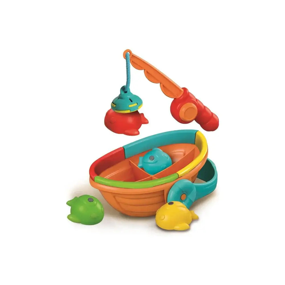 jeu de pêche multicolore en plastique recyclé avec un bateau et des poissons colorés