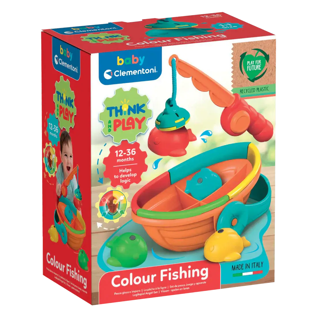 jeu de pêche multicolore en plastique recyclé de Clementoni, fabriqué en Italie pour enfants de 12-36 mois.