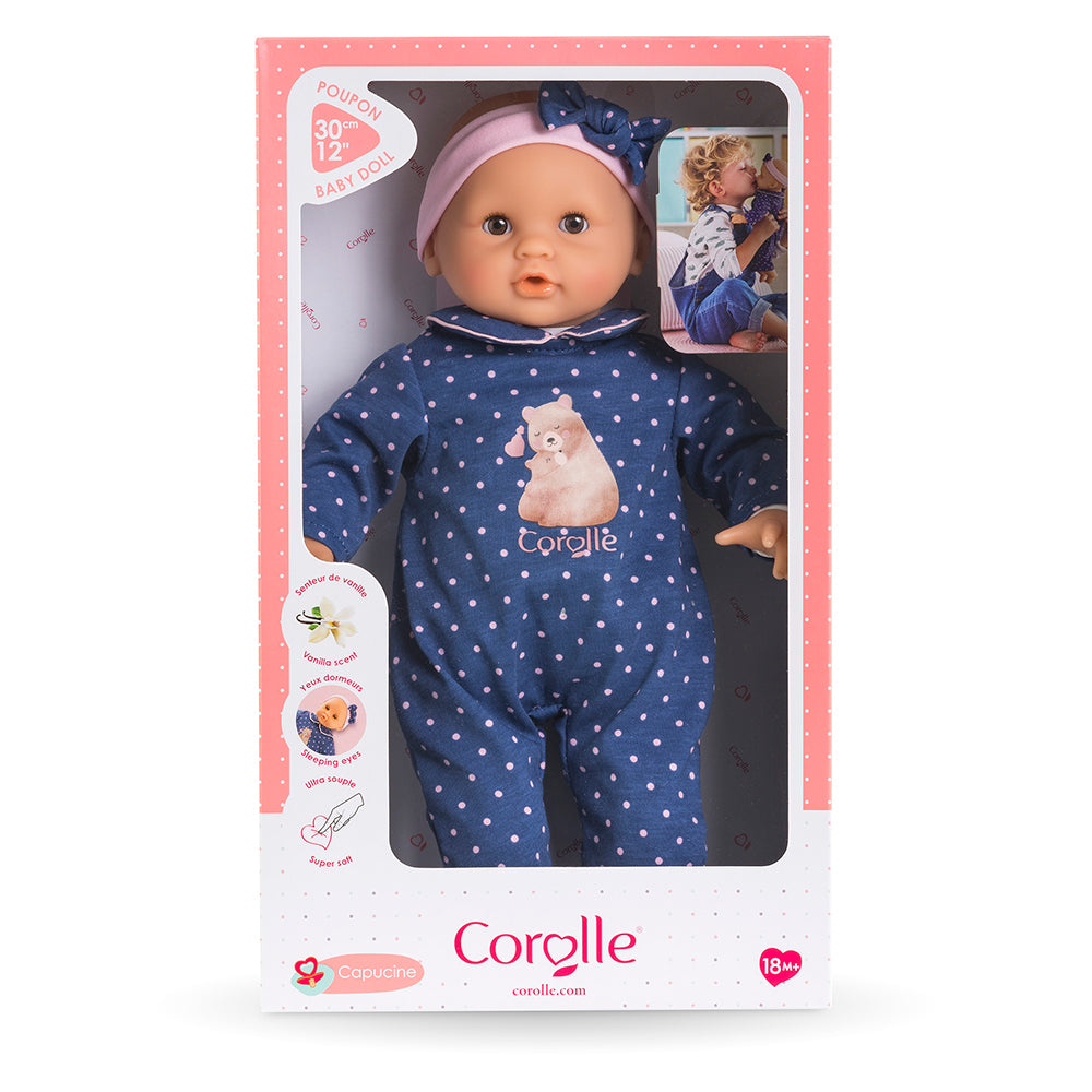 poupon Bébé Calin Capucine en boîte, 30 cm, poupée Corolle avec vêtement à pois et bandeau.