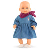 Robe jean poupon 30 cm avec foulard pour petit explorateur, poupée en tenue bleue imitation denim.