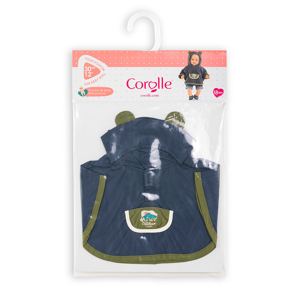Poncho de pluie petit explorateur pour poupées Corolle de 30 cm, emballage avec cape bleu marine et capuche.