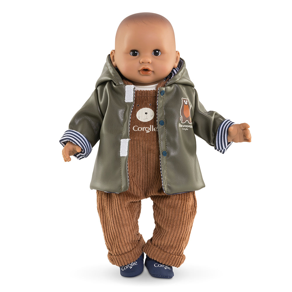 Imperméable réversible pour poupon 30 cm Corolle avec poupon habillé et souriant.