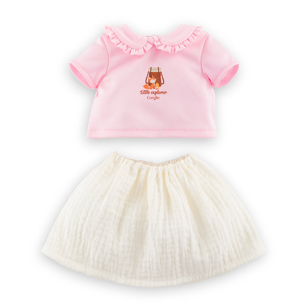 Vêtements poupon 30 cm petit explorateur - T-shirt rose et jupe blanche pour poupon Corolle.