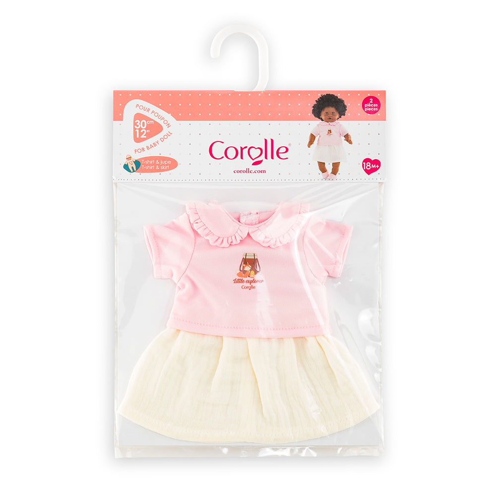 vêtements poupon 30 cm petit explorateur - ensemble T-Shirt rose et jupe blanche pour poupon Corolle