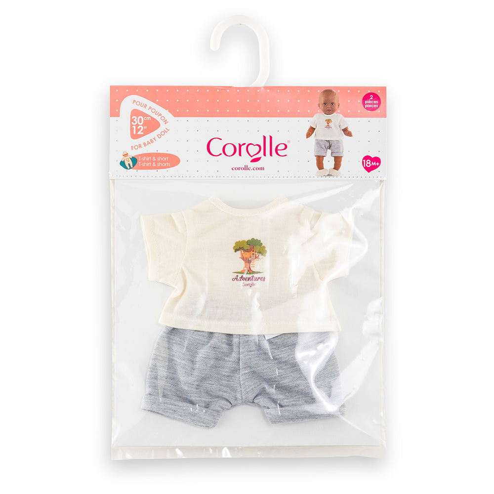 T-shirt et short poupée Corolle pour poupons de 30 cm, design décontracté avec motif arbre.