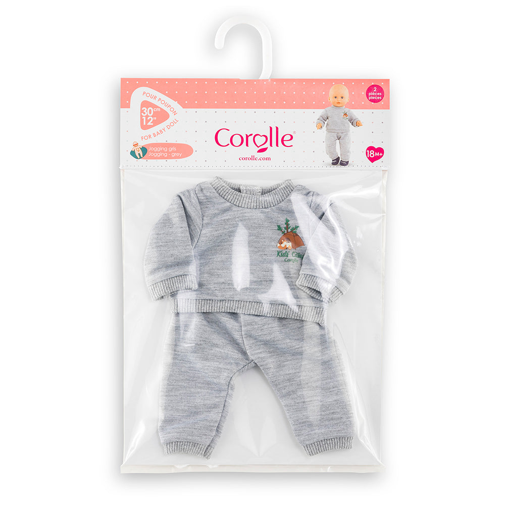 Ensemble jogging poupon 30 cm gris de Corolle en emballage transparent pour poupon de 30 cm.