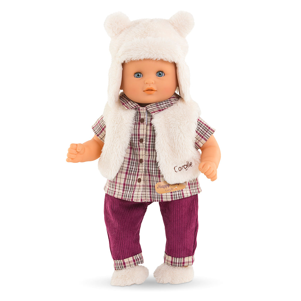 ensemble hiver petit explorateur 30 cm pour poupée Corolle avec gilet et bonnet en fausse fourrure.