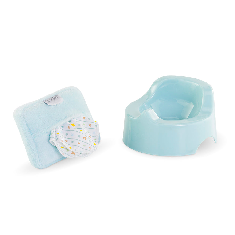 Accessoire poupon pot lingette Corolle avec pot bleu et lingette étoilée en tissu.