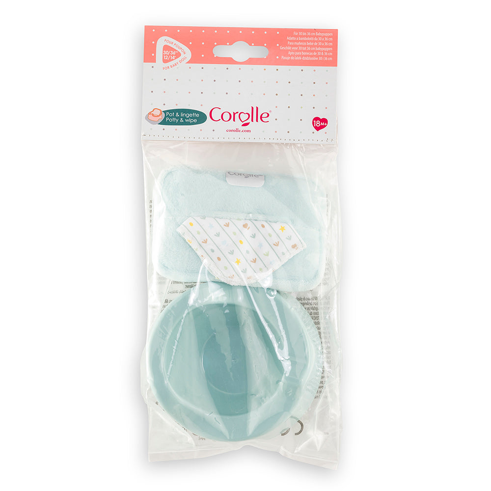 Corolle accessoire poupon pot lingette, ensemble pot et étui à lingette avec motifs étoiles.