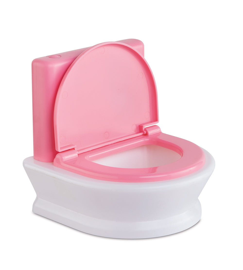 Toilettes interactives poupon en plastique rose et blanc pour jeux d'imitation de propreté.
