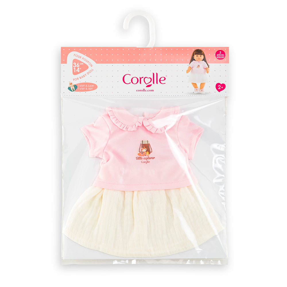 ensemble t-shirt jupe poupée Corolle dans un emballage transparent, pour poupées de 36 cm.