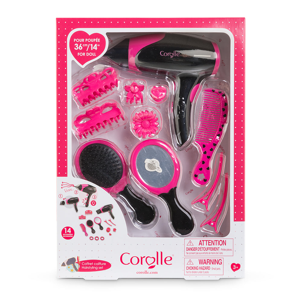 Coffret coiffure Corolle avec accessoires pour poupées, incluant sèche-cheveux, peignes et brosses.