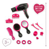 Coffret coiffure Corolle avec accessoires pour poupées, incluant sèche-cheveux, peignes et barrettes.