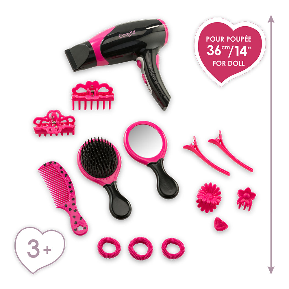 Coffret coiffure Corolle avec accessoires pour poupées, incluant sèche-cheveux, peignes et barrettes.