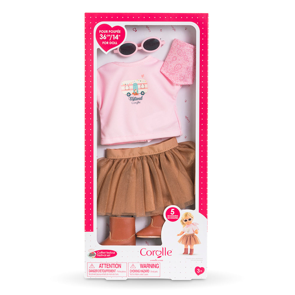 vêtements accessoires poupée Corolle 36 cm - coffret avec t-shirt rose, jupe, bottes et lunettes