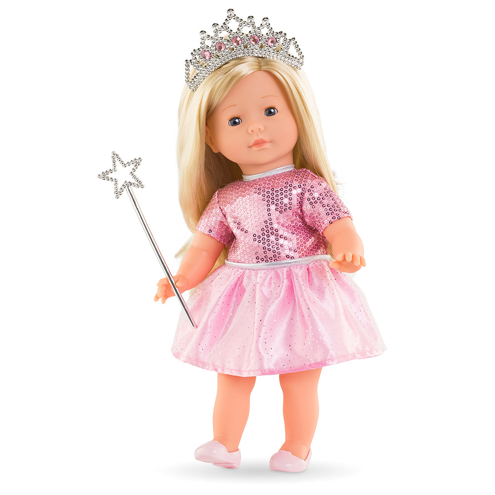 Coffret princesse anniversaire poupée Corolle avec robe rose, couronne et baguette magique.