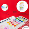 Palette aquarelle DeSerres 36 couleurs avec pinceau d'artiste sur fond rouge, parfaite pour les artistes de tous niveaux.