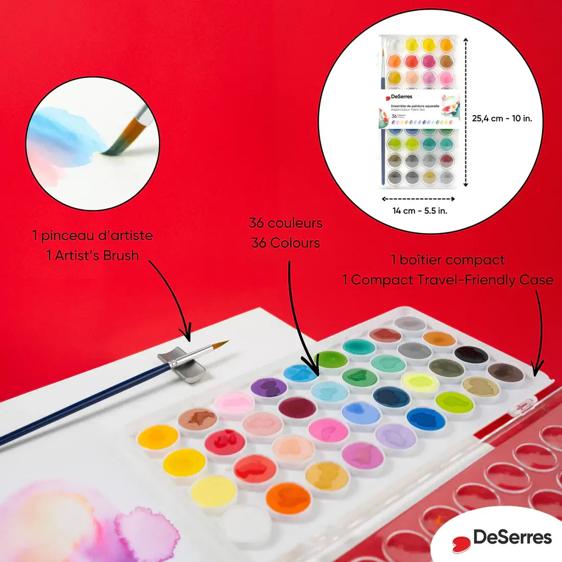 Palette aquarelle DeSerres 36 couleurs avec pinceau d'artiste sur fond rouge, parfaite pour les artistes de tous niveaux.
