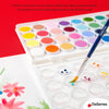 Palette aquarelle DeSerres 36 couleurs avec pinceau dans un coffret transparent sur fond coloré.