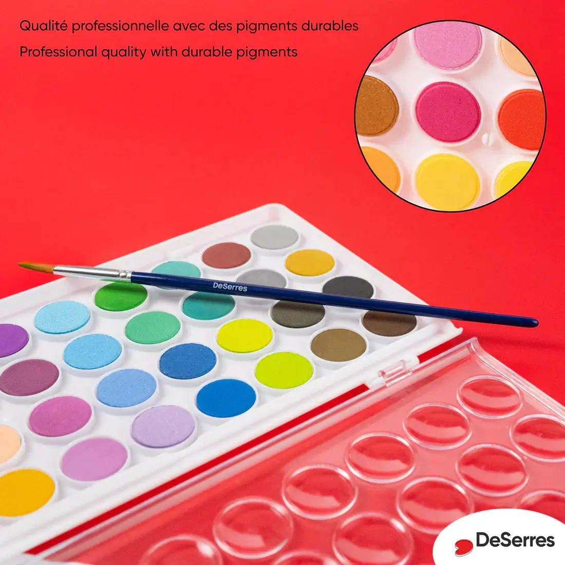 palette aquarelle DeSerres 36 couleurs avec un pinceau et pigments durables de qualité professionnelle.