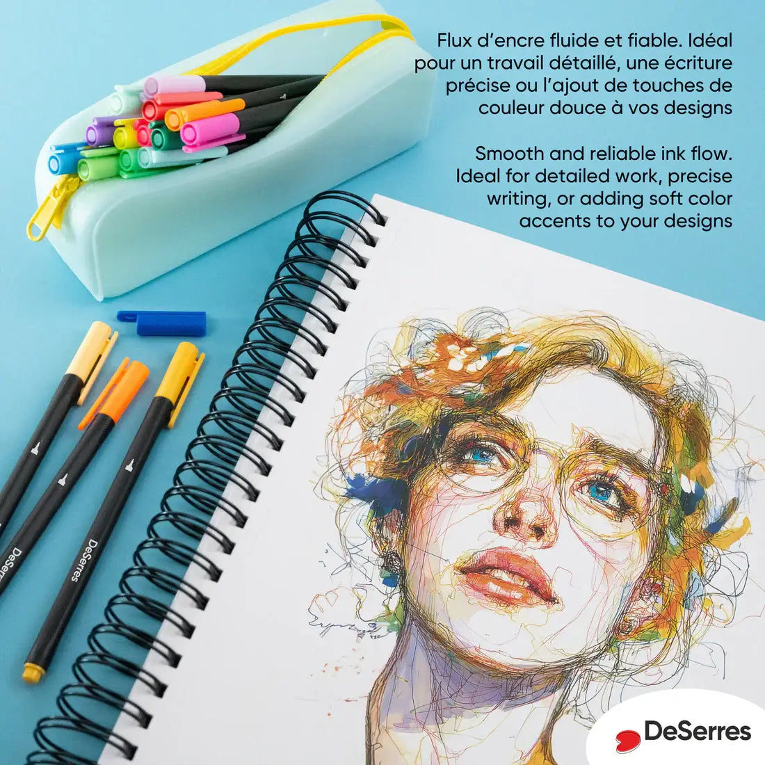 Image montrant des feutres à pointe fine 0,4 mm DeSerres et un carnet de croquis avec un portrait coloré.