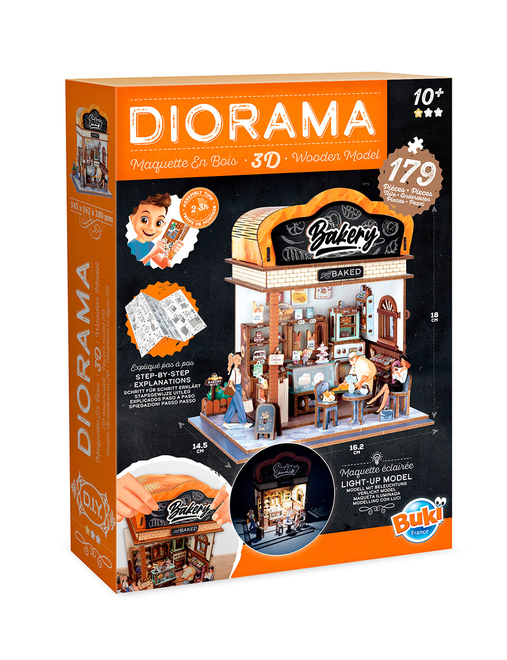 Diorama Boulangerie Mini Boulangerie DIY Buki avec modèle en bois 3D et lumières, kit créatif pour enfants 10 ans et plus.