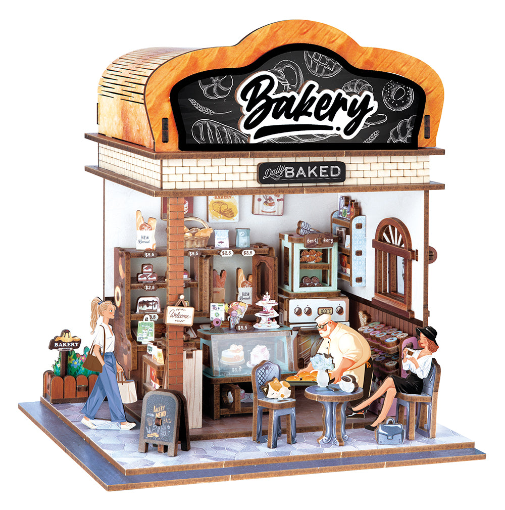 Buki France - Diorama Boulangerie, mini boulangerie DIY Buki avec une scène détaillée de café et pâtisseries.