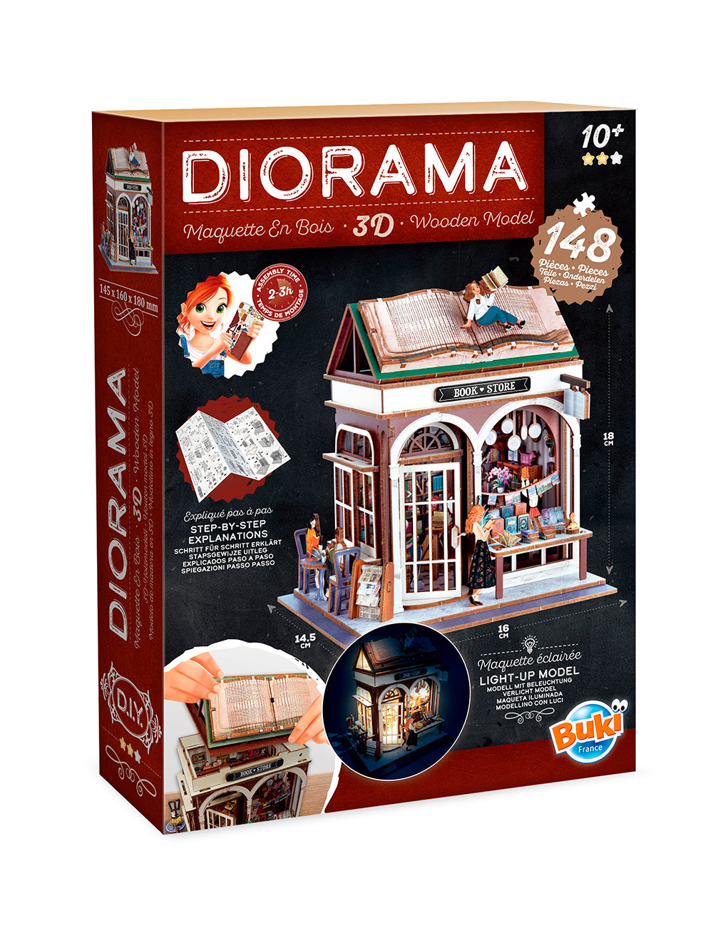 Mini librairie DIY Buki en modèle 3D, assemblez une charmante librairie avec éclairage.