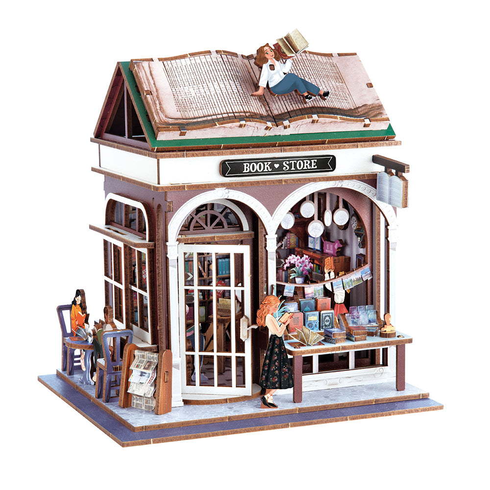 mini librairie DIY Buki - diorama d'une librairie charmante avec personnages en miniature.