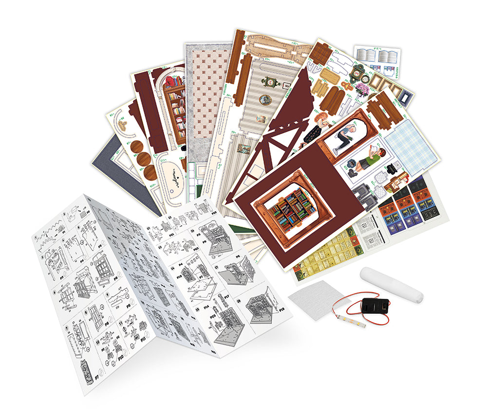 mini librairie DIY Buki - kit comprenant des papiers et accessoires pour créer une librairie en diorama.
