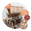 mini librairie DIY Buki avec 148 pièces et temps de montage de 2-3h, présentant un diorama de librairie.