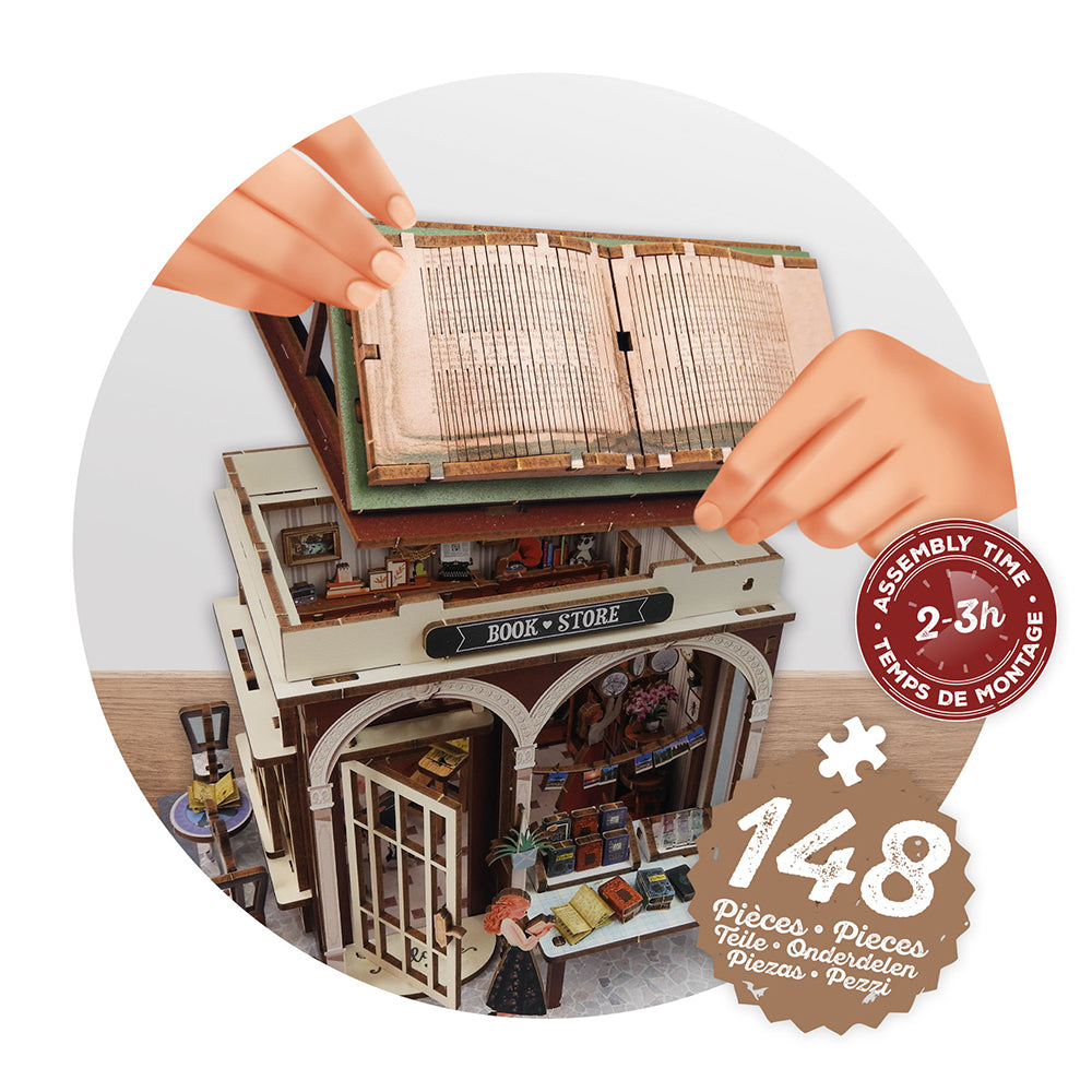 mini librairie DIY Buki avec 148 pièces et temps de montage de 2-3h, présentant un diorama de librairie.