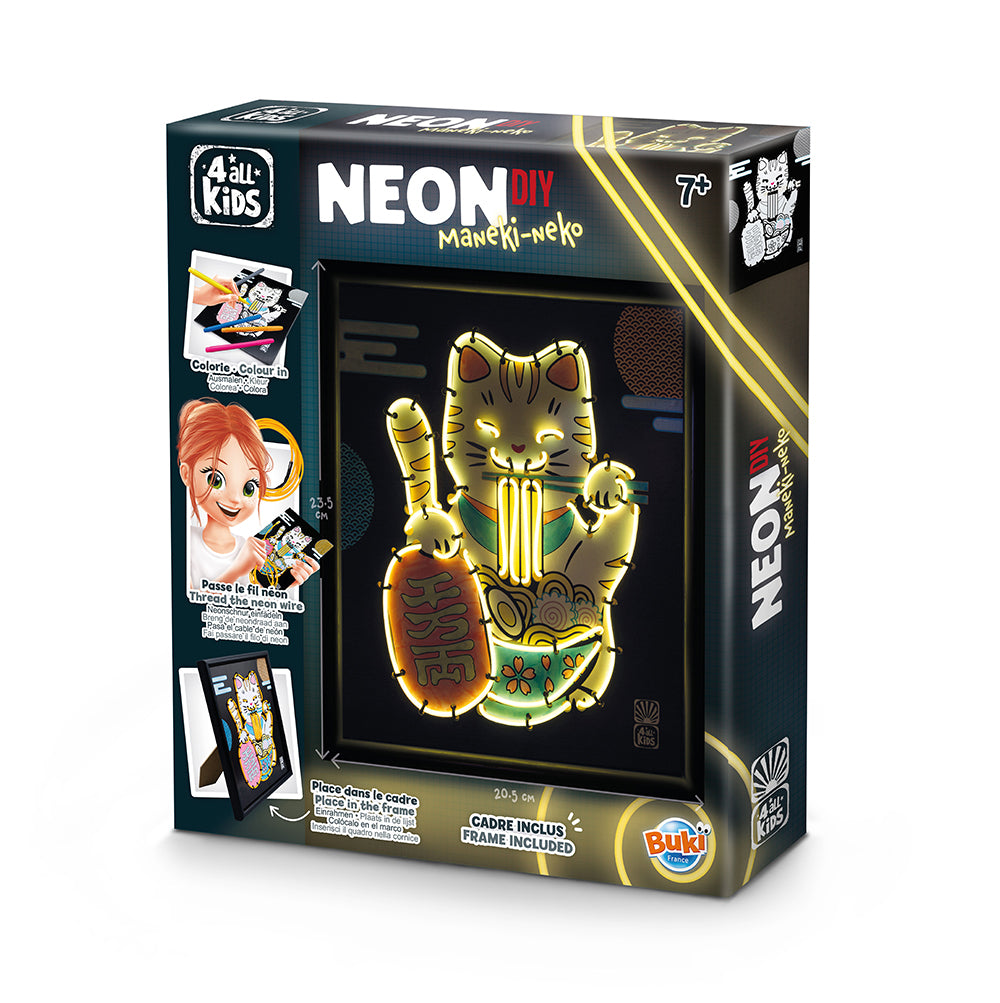 kit créatif Maneki-neko néon de Buki avec cadre inclus et design lumineux.