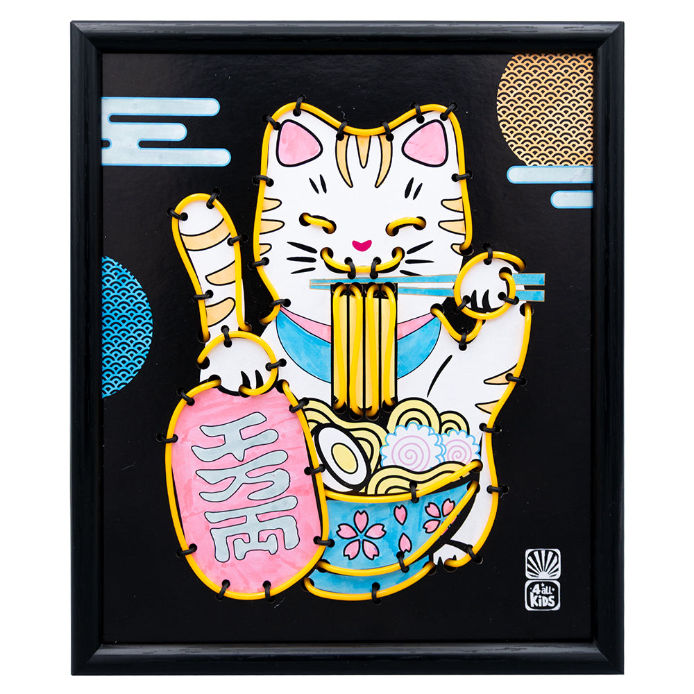kit créatif Maneki-neko néon représentant un chat porte-bonheur japonais avec des couleurs vives et kawaii.