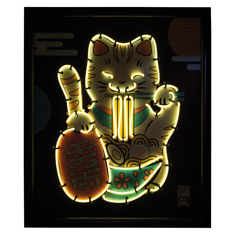 kit créatif Maneki-neko néon affichant un chat japonais lumineux tenant des baguettes et un bol de nouilles.