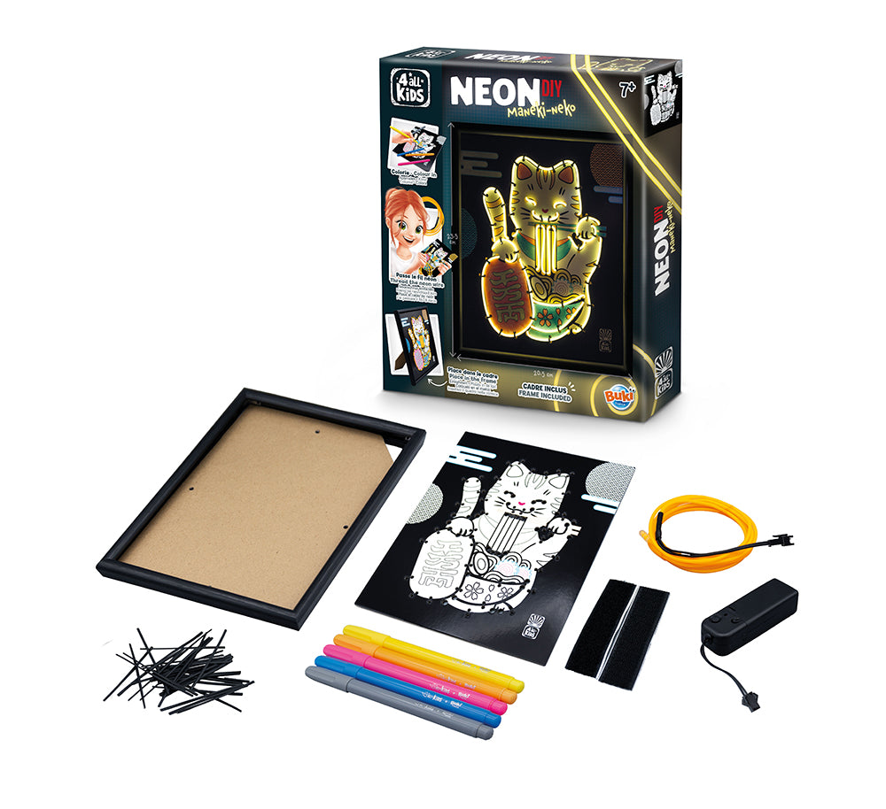 kit créatif Maneki-neko néon comprenant des outils et accessoires pour créer une décoration kawaii.