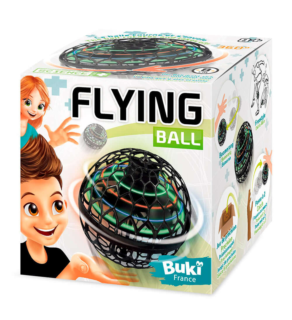 Balle volante lumineuse Buki dans son emballage avec illustration d'un enfant jouant.