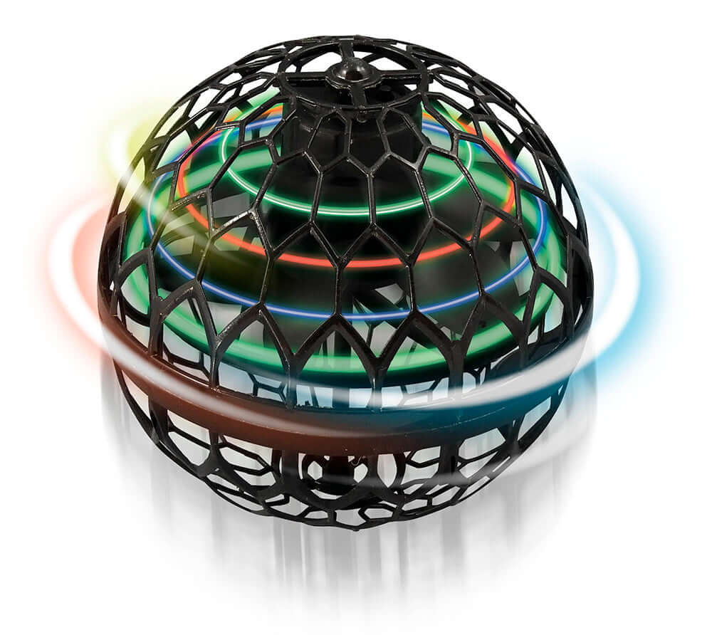 Balle volante lumineuse Buki en mouvement avec lumières colorées dans une coque en forme de sphère.