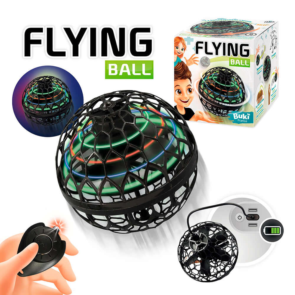 Balle volante lumineuse Buki avec éclairage LED et télécommande, idéal pour le jeu en solo ou entre amis.