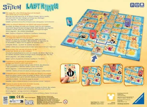 Image du jeu de société Labyrinthe Stitch illustrant le plateau et les cartes d'action.