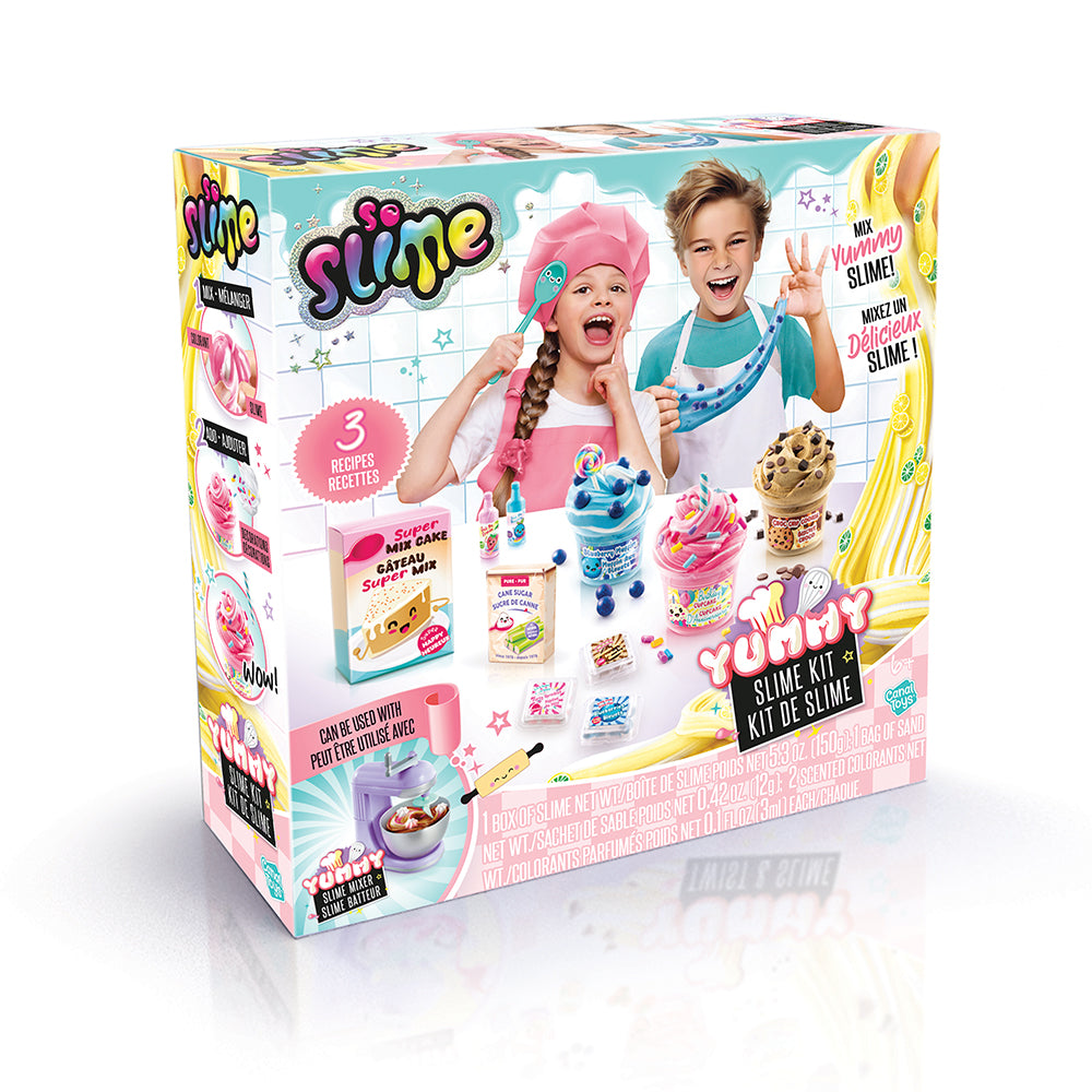 Boîte du kit slime gourmand avec enfants heureux, mettant en avant des recettes de slime sucrées.