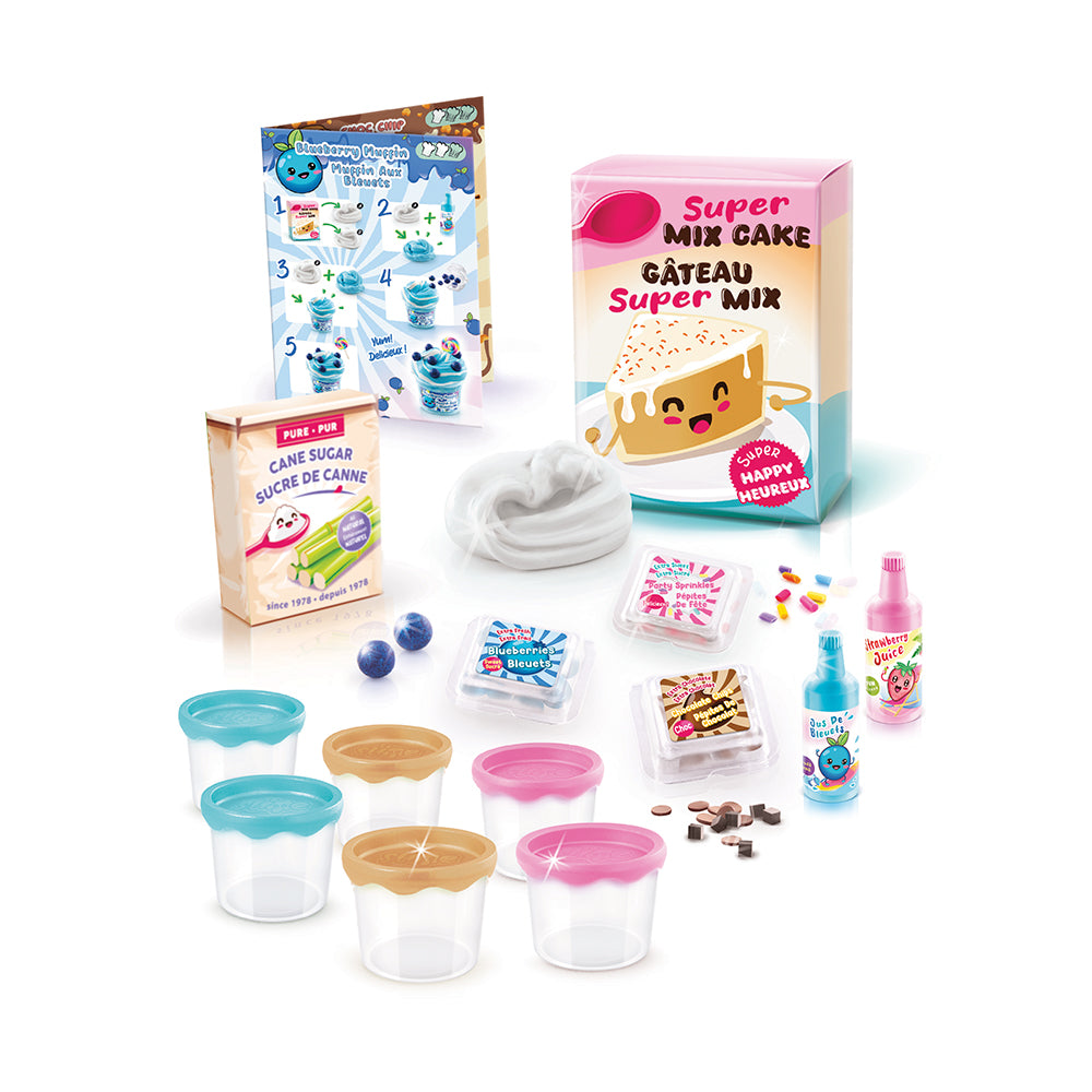 kit slime gourmand avec accessoires pour créer des slimes parfumés et colorés, incluant des recettes et ingrédients.