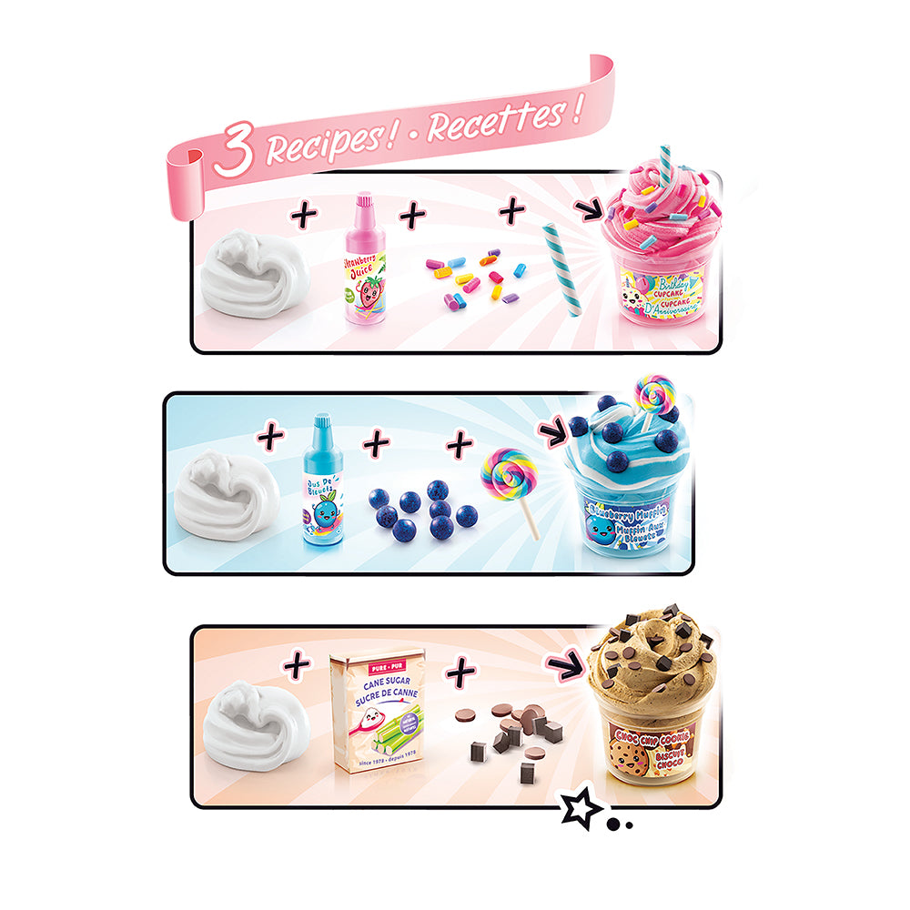 Kit slime gourmand So Slime présentant 3 recettes de slimes parfumés avec ingrédients et accessoires.