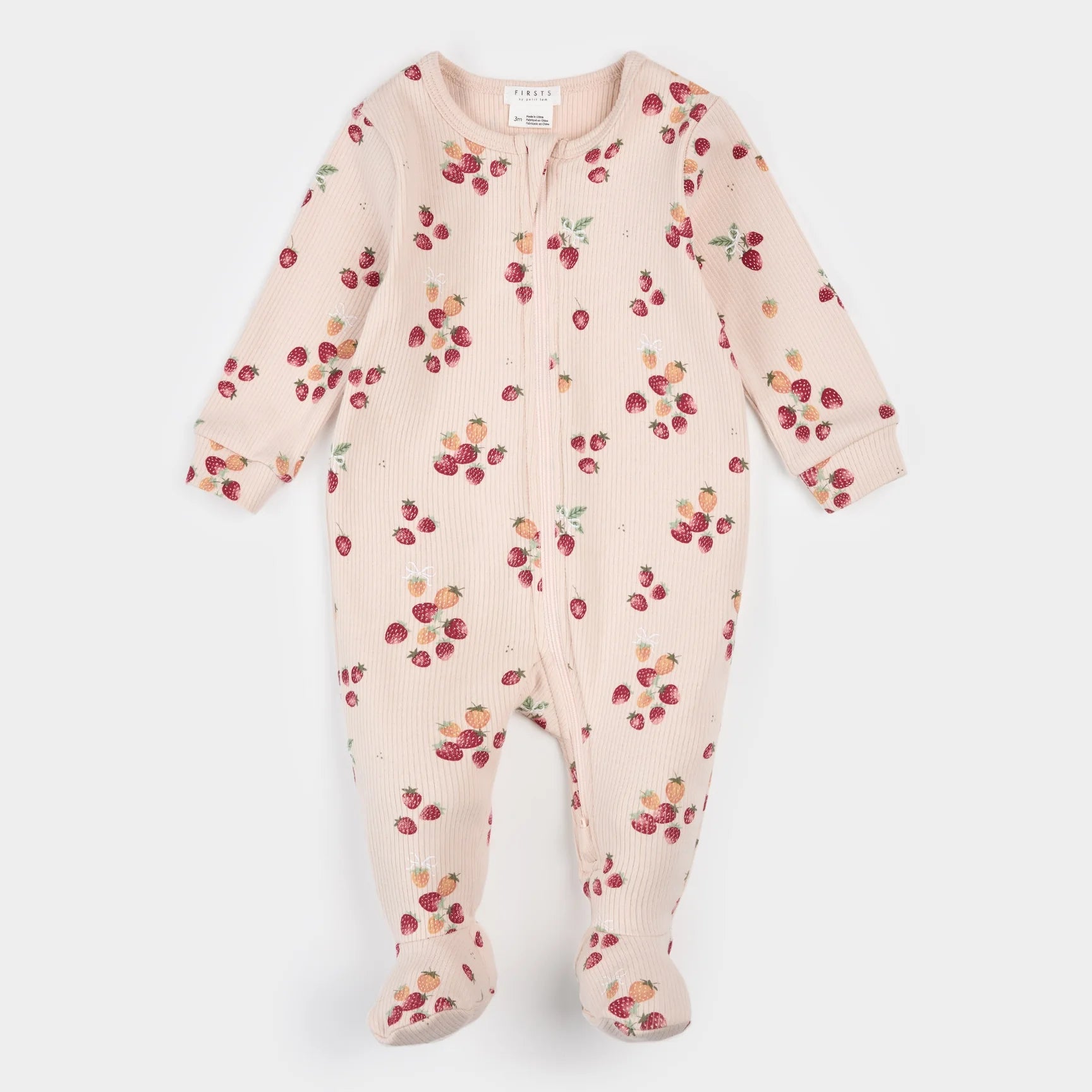 Pale pink ribbed babygrow with strawberry print