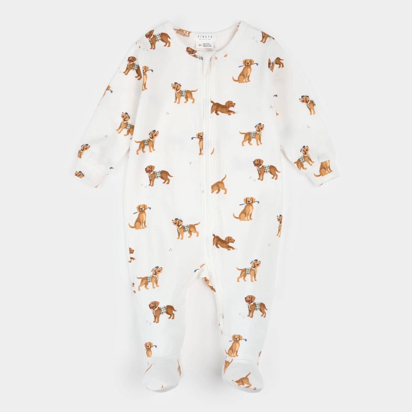 Dormeuse chiots golfeurs en coton biologique, confortable pour bébé, motif de chiots sur fond blanc.
