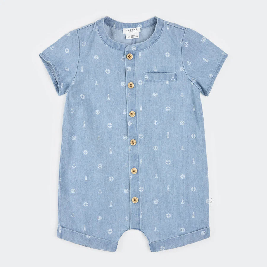 combinaison chambray bord de mer avec imprimé maritime et boutons en bois