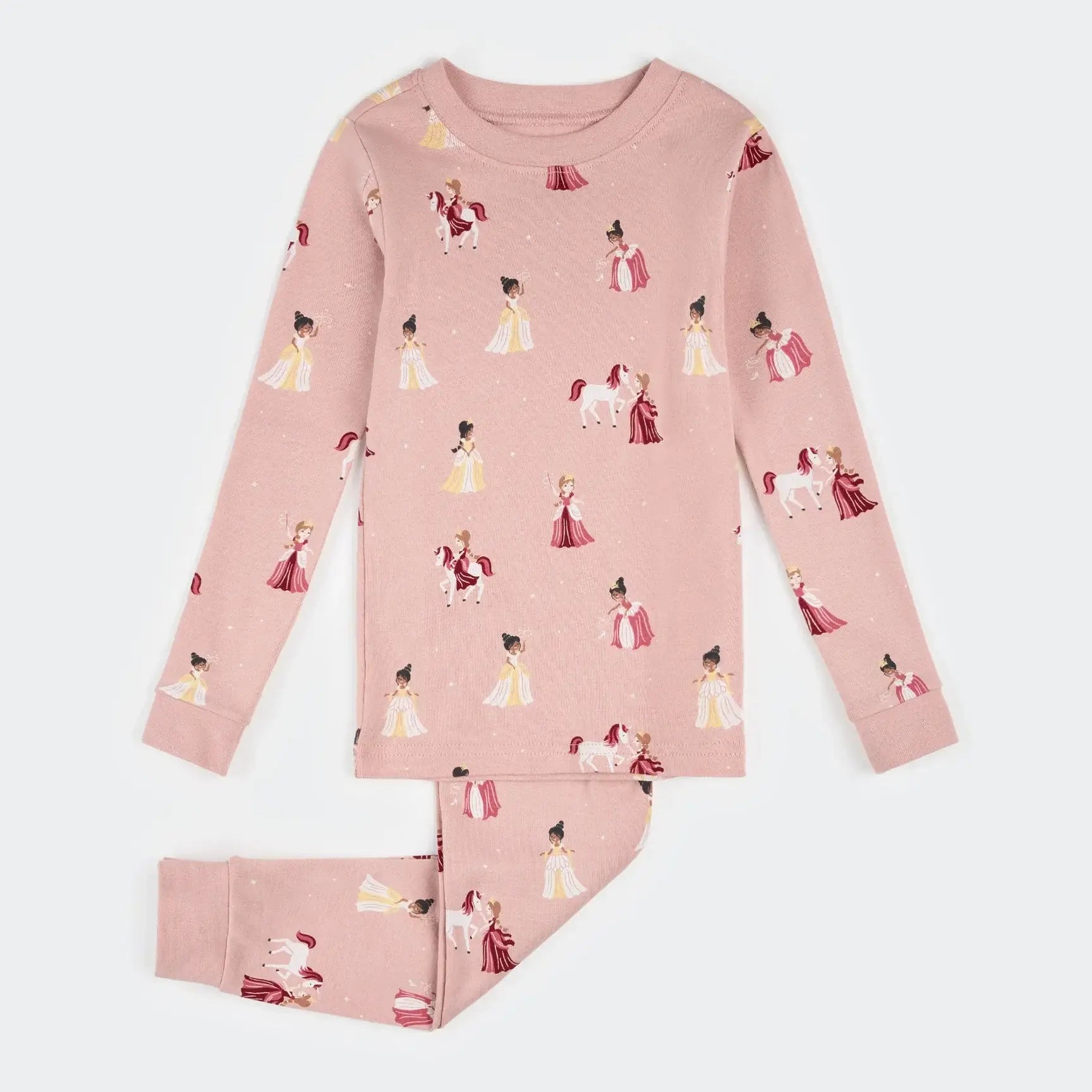 Pyjama princesse 6 ans en coton biologique, rose avec imprimé de princesses et poneys, confortable pour les nuits douillets.